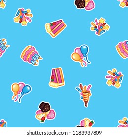 Pattern Birthday cake with candles for celebration party, cake, confectionery cupcakes, colorful balloon, festive flapper and fireworks for holiday. Seamless pattern