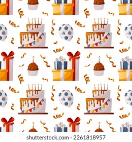 Pattern with Birthday cake, cupcake, balloons, gifts, confetti . Birthday party, celebration, holiday, festive. Perfect for product design, wallpaper, wrapping paper. Cartoon vector