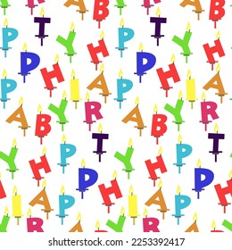 A pattern of birthday candles with a colorful font design. Bright festive letters of happy birthday in a scatter. Background for holiday gift wrapping, textiles.