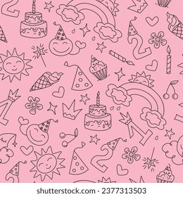 Pattern birthday. Cute icons, cartoon birthday attributes. Happy Birthday. Children's holiday, magical doodles. Set of handmade princess drawings. Vector illustration, sketch.