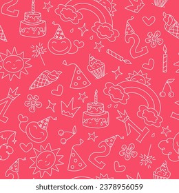 Pattern birthday. Cute icons, cartoon birthday attributes. Happy Birthday. Children's holiday, magical doodles. Set of handmade princess drawings. Vector illustration, sketch.