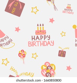 Pattern of birthday elements in a flat drawing style. Seamless cute pattern with cake, balloons, birthday hat and gift. Vector illustration.