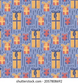 Patrón con regalos de cumpleaños. La sorpresa está adentro. Fondo con cajas en embalaje festivo. Un sustrato para los textiles de celebración de cumpleaños. Ilustración del vector