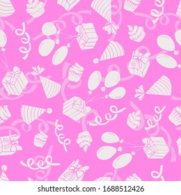 Muster Geburtstagsgruß Glückwunsch verpacken nahtlose Wallpaper Illustration Banner-Karte Umriss-Vektorillustration Cupcakes Geschenke Ballons