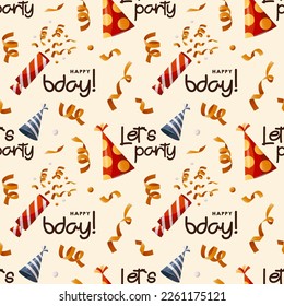 Pattern with Birthday paper caps, party cracker with confetti. Happy bday handwritten lettering. Birthday party, celebration, holiday, festive. Perfect for product design, wallpaper, wrapping paper. 