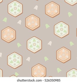 Pattern biscuits, cookies of different shapes with different fillings, spruce, vector, New year, green and beige color