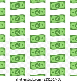 Pattern of BitConnect banknotes on transparent background with mini doodle (icon) and green color. Vector Illustration