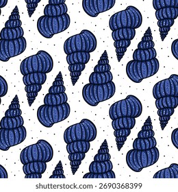 Patrón de malla de betún azul. Patrón plano colorido con los contornos de las conchas de mar. Textura inconsútil de moda del mar para el diseño del verano, empaquetado, telas, Fondo de pantalla, marca, empaquetado