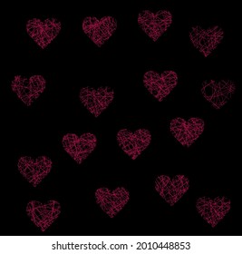 pattern with black background and pink hearts, background with braided hearts. Pattern for gift wrapping, background and grounds for creative ideas