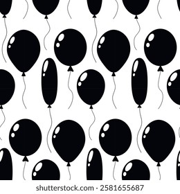 Pattern of black balloons on a white background for festive decorations and designs