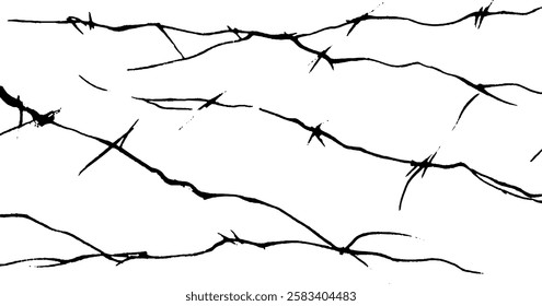 A pattern of black barbed wire on a white background, creating a stark contrast. The wire is depicted in a jagged, irregular manner, emphasizing its sharpness and danger.