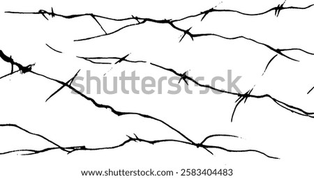 A pattern of black barbed wire on a white background, creating a stark contrast. The wire is depicted in a jagged, irregular manner, emphasizing its sharpness and danger.