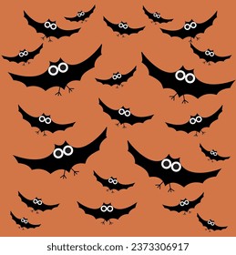Pattern of a black bat silhouette on an orange background for a Halloween.