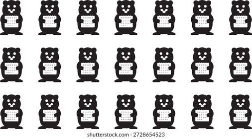 Pattern of black bear silhouettes holding keyboards on a white background in a grid formation creating a visually appealing and repetitive design.
