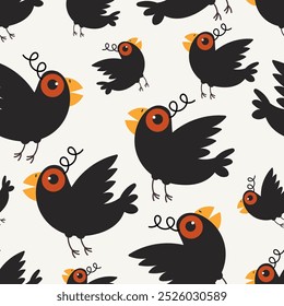 Pattern with black birds. Cute character. Flat style illustration
