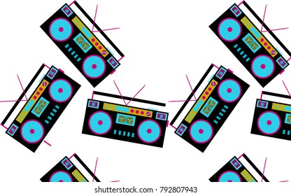 Pattern of black and blue, colored, hipster, beautiful, vintage retro audio tape recorders from the 80's and 90's scattered in different directions on a white background. Vector illustration.