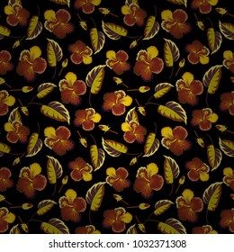 Pattern in black, brown and yellow colors with tropic summertime motif may be used as texture, wrapping paper, textile design. Vector seamless pattern of tropical hibiscus flowers, dense jungle.