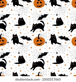 Patrón con gato negro y calabazas sobre fondo blanco