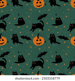 pattern with black cat and pumpkins on turquoise background
