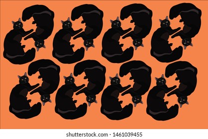 Pattern with black cats on orange background. Illustration for wrapping paper on Halloween.