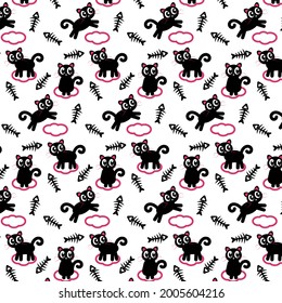  Pattern with black cats on a pink cloud with fish skeleton