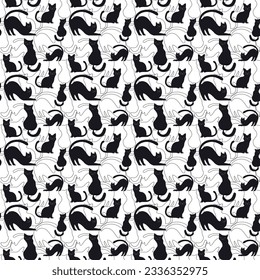 Pattern with black cats and stroke. Vector. For brochures, advertising, flyers and design, fabrics and prints. Cartoon style.