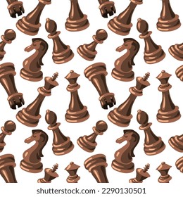 A pattern of black chess pieces made of wood on a white background. Chess moves on a checkered board. Chess cartoon, chess board. Texture for printing on textiles and paper. Gift packaging