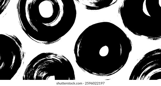 A pattern of black circular brush strokes on a white background, creating a modern and artistic design.