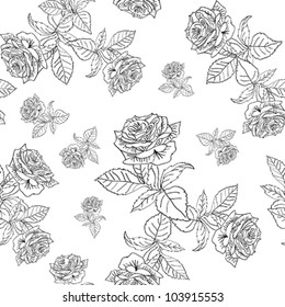 pattern black contour roses on white background