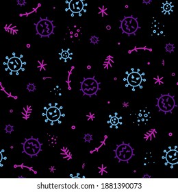 Patrón Coronavirus negro, bacterias y virus. Microcosmo, imágenes de dibujos animados de microbios.