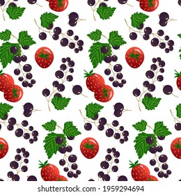 Pattern with black currants and strawberries. Fruit illustration. Vector drawing on a white background. For design use on fabrics, packaging materials, prints, brochures, covers and flyers.