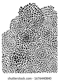 A pattern of black drops diverging from the center in a circle. Round flowers made of drops.