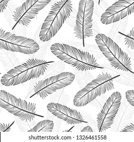 Pattern with black feathers on a white background. Suitable for curtains, wallpaper, fabrics, wrapping paper.