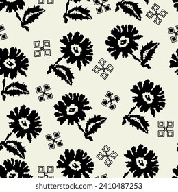 Pattern black flowers pixel art. Pixel y2k shapes, trendy elements in vaporwave acid style. Universal geometric shapes flowers.	
