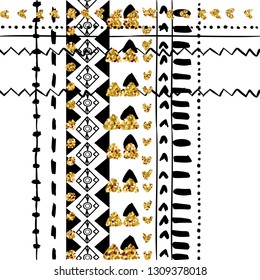 Pattern black and glitter on white background. Etnic tribal ornament surface design