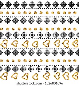 Pattern black and glitter on white background. Etnic tribal ornament surface design