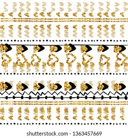 Pattern black and glitter on white background. Etnic tribal ornament surface design