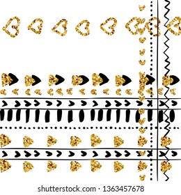 Pattern black and glitter on white background. Etnic tribal ornament surface design