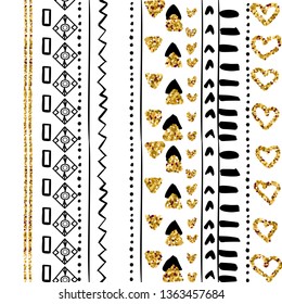 Pattern black and glitter on white background. Etnic tribal ornament surface design