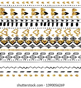 Pattern black and glitter on white background. Etnic tribal ornament surface design