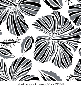 Pattern in black and gray colors with tropic summertime motif may be used as texture, wrapping paper, textile design. Vector of tropical hibiscus flowers, dense jungle. Hand painted.