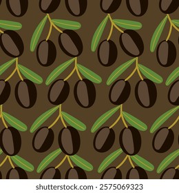 Pattern of black and green olives with leaves on a warm brown background. Great for Mediterranean food packaging or culinary branding. Vector illustration
