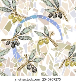 Pattern with black and green olives, mosaic. Vector isolated, freehand draw.