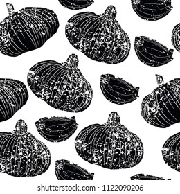 Pattern with black grunge garlic isolated on white background. Vector illustration.