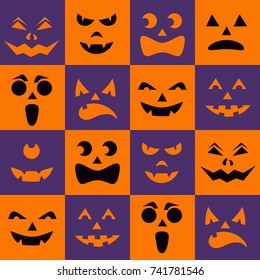 Pattern with black halloween pumpkins carved faces silhouettes on checkerboard background. Halloween traditional colors scrapbook digital paper, textile print, page fill. Vector illustration