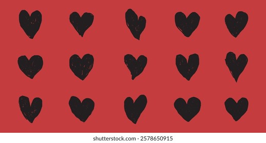 Pattern of black hearts on a red background. Repeated heart design. Black hearts on red. Simple heart pattern. Bold black hearts against red. Cute hand drawn Valentine's Day vector set.