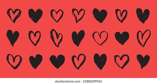 Pattern of black hearts on a red background. Hand-drawn hearts, simple heart shapes, black hearts, red background. Repeated heart design, artistic hearts. Cute hand drawn Valentine's Day vector set.