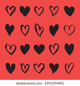 Pattern of black hearts on a red background. Repeated heart shapes create a bold heart-themed design. Heart motifs stand out against the red backdrop. Cute hand drawn Valentine's Day vector set.