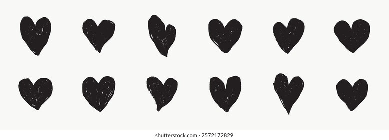 Pattern of black hearts on a white background. Black hearts in a grid. Simple black hearts design. Repeated black hearts motif. Hand drawn Valentine's Day concept vector set.