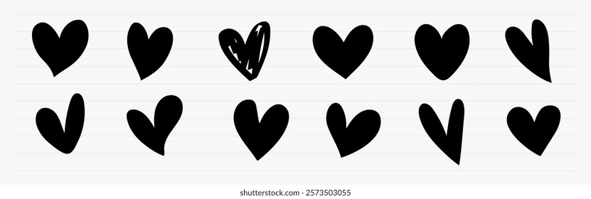 A pattern of black hearts, some solid, some outlined. Black hearts on a lined background. Simple black heart design. Repeated black heart shapes. Valentine's element vector set.